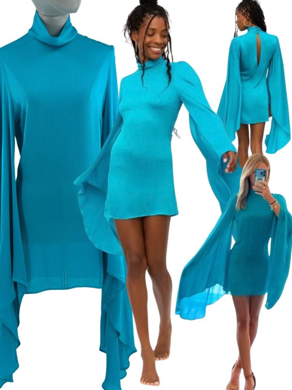 🆕 RAT & BOA 🧿 NWOT Farrah Long Bell Sleeve Mini Dress, Turquoise Blue - Sz XS